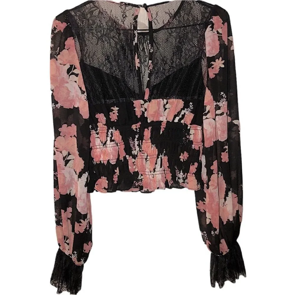 FREE PEOPLE NWT Black Lace Pink Beige Floral Boho Blouse  Top Long Sleev…